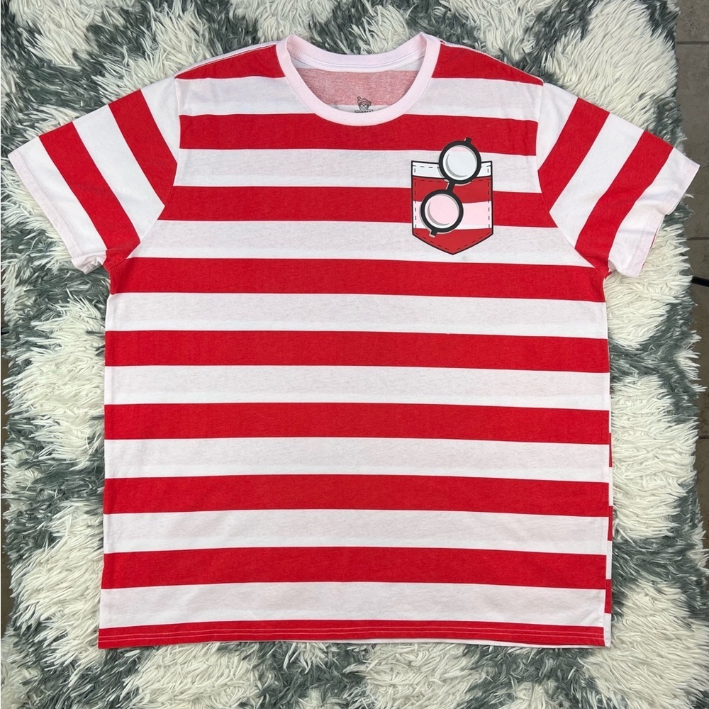 Where's Waldo Adult Unisex Faux Pocket Glasses Striped T-Shirt Size 3XL